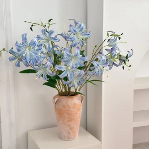 Realistic 3D blue lily bouquet with four heads in a vintage terracotta vase for home decor
