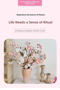 Detail of 45 heads cherry blossom with leaves in a rustic ceramic vase for home decor