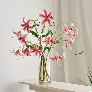 Realistic 3D pink tiger lily faux flower bouquet in glass vase for home decor