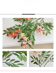 Close-up of pink and orange gradient jasmine flowers and green leaves textures