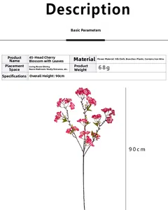 Detail view of 90cm artificial cherry blossom branch with 45 flower heads and green leaves
