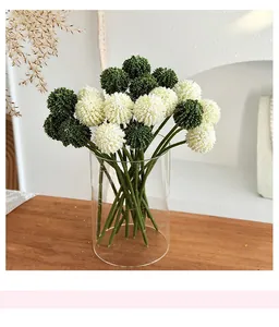 Close-up of artificial white and green Craspedia flower globes in a glass vase
