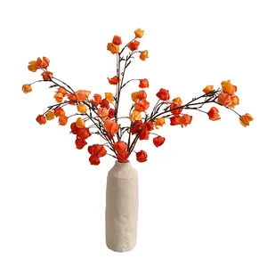 Rami di physalis artificiali con fiori sfumati arancioni in un vaso di ceramica bianca