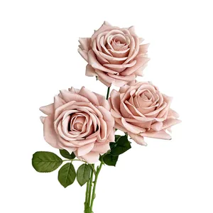 Single stem moisturizing artificial rose with three Morandi pink-purple blooming heads