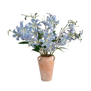 3D realistic artificial lily bouquet with purple striped petals in a vintage clay vase