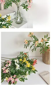 Detailed close-up of multi-color artificial flower stems in glass vase for home decor