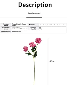 Detail showing 62cm deep pink silk peony spray with size dimensions and specifications
