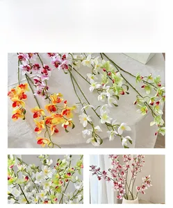 Close-up of realistic artificial orchid branches with textured silk petals in multiple colors