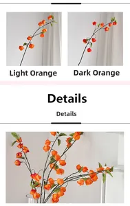 Détails de tiges de physalis artificielles en orange clair et foncé avec feuilles vertes