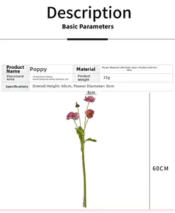 Detail of pink silk corn poppy flower showing 60cm height and 8cm diameter dimensions