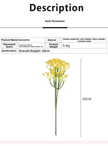 Detail view of artificial yellow baby breath flower showing 30cm height and specs