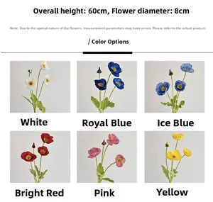Detail view of 60cm artificial poppy flowers in six colors for wedding home decor