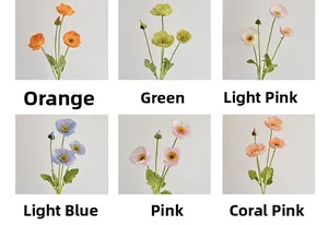 Detail showcasing six colors of artificial poppy flowers with silk petals and flocked stems