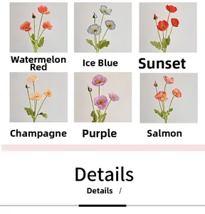 Close-up of realistic artificial poppy flowers in six vibrant colors for home decor