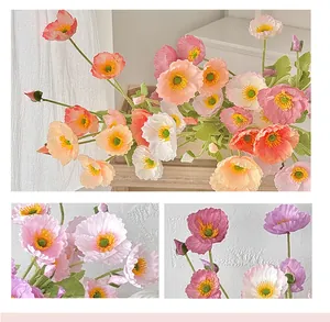 Close-up of artificial poppy silk flower petals and flocked stems for home decoration