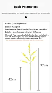 Detail diagram showing 97cm tall yellow 5-fork silk Oncidium with dimensions and specifications