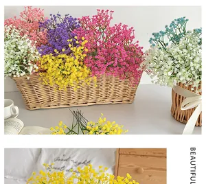 Macro detail of colorful artificial babys breath flowers in woven baskets for home decor