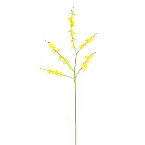Single spray of vivid yellow artificial Oncidium dancing orchid with green branches
