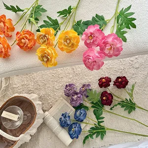 Realistic long-stem 3-head silk ranunculus bouquet in various colors for home decor