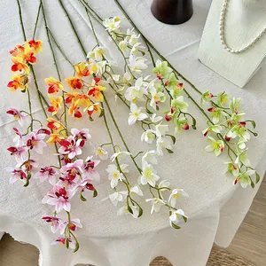 Realistic mini artificial orchid long stems in white, pink, green and orange colors