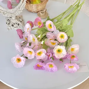 Realistic multicolored artificial poppy silk flowers in pink, purple, and white tones