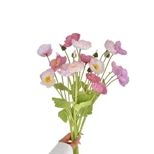 Bouquet di papaveri artificiali rosa e bianchi realistici con steli floccati per decorazioni