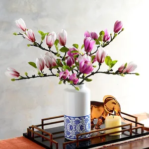 Branche de Magnolia Artificielle Real Touch Texture Film 3D Fleurs de Soie pour Décoration de Maison Mariage Salon Table à Manger