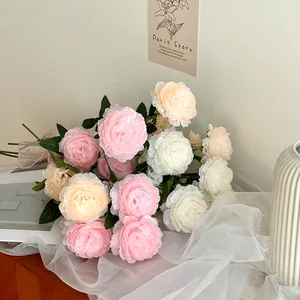 Three-headed artificial peony bouquet in pink and white for elegant home floral decor