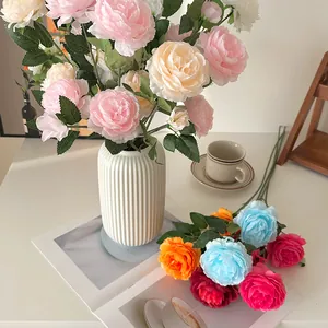 Artificial Persian Buttercup silk flowers in white ceramic vase for home decoration