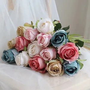 Bulgaria Artificial Satin Rose Flower Bouquet For Home Decoration Wedding Party Realistic Fake Flowers With Green Leaves