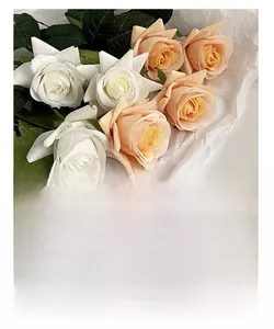 Close-up of realistic white and champagne silk roses with green leaves for home decor