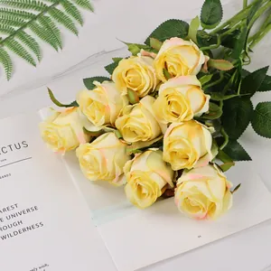 Detail of cream artificial roses with pink edges on a white magazine background