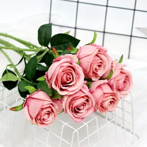 Realistic artificial pink rose bouquet with 6 silk flower heads for home wedding decor