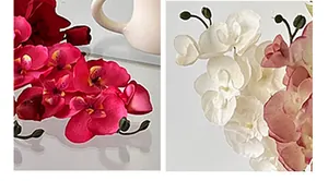 Dettaglio di orchidee phalaenopsis artificiali in tonalità rosso intenso e rosa