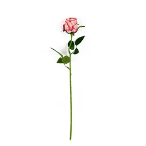 Elegant artificial Bulgarian rose in dusty pink with long green stem and lifelike leaves