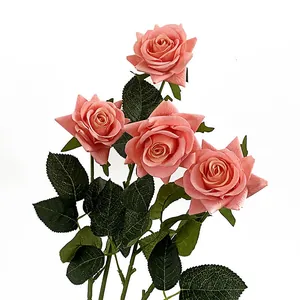 Realistic coral pink moisturizing rose bouquet with four blooming heads for home decor