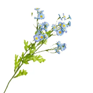 Single stem of blue silk chamomile daisies with realistic yellow centers for home decor