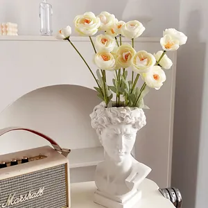 David sculpture resin flower pot with white artificial ranunculus flowers for home decor