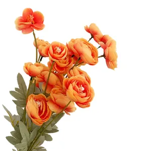 Artificial 4-head orange ranunculus camellia silk flowers with green leaves for home decor