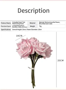 Detailed size chart of pink real-touch moisturizing roses with 25cm height and 10cm flower head