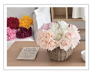 Detail of premium realistic rose bouquet with curled petals in a rustic woven basket