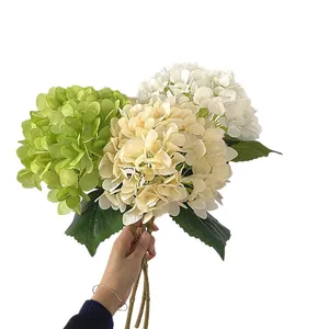 Three-piece set of artificial hydrangea flowers in green, pink and white for home decor