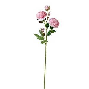 Pink silk peony bouquet with two open blooms and one bud on a realistic green stem