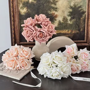 Realistic artificial 5-head moisturizing roses in ceramic vase for elegant home decor