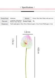 Detailed size specifications of a 3D printed artificial Anthurium flower in white and pink