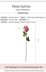 Detailed specs of 52cm artificial burnt-edge rose with 8cm silk flower head