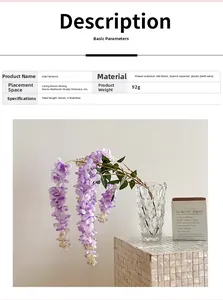 Macro detail of artificial purple wisteria flower branch with five forks and 105cm length