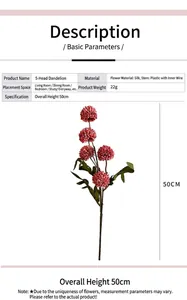 Detalle de la flor de diente de león artificial de seda rosa 50 cm con medidas