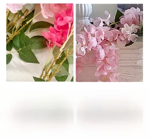 Macro view of artificial pink wisteria flowers with green leaves for home decoration