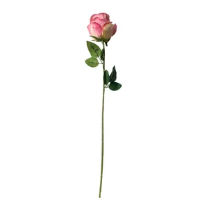 Realistic artificial single stem burnt edge rose in gradient pink with green leaves